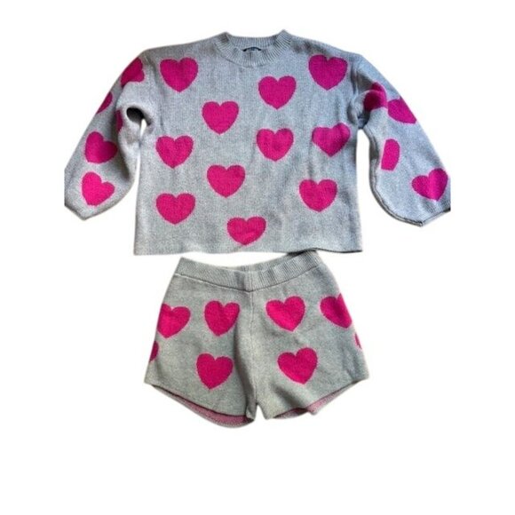 Gray & Pink Heart Print Knit Sweater & Shorts Lounge Set Nasty Gal M - Picture 1 of 5
